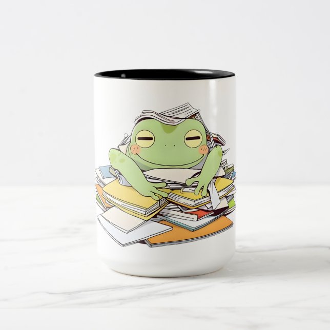Send Help Frog Buried in Paperwork Kawaii Design Two-Tone Coffee Mug (Center)