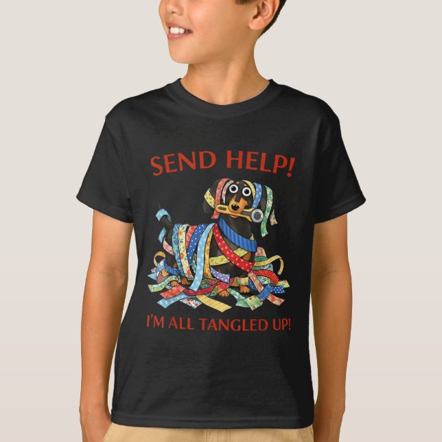 Send Help Tangled Up Funny Quilting Dachshund T-Shirt (Front)