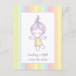 Sending a Hug Cute Pastel Rainbow Girl Postcard<br><div class="desc">This adorable postcard is perfect to send across the miles when you can't be there in person! It features a hand drawn little girl, with her arms stretched out for a hug, with the words, "Sending a HUG across the miles." Pastel rainbow stripes in yellow, orange, pink, and aqua create...</div>