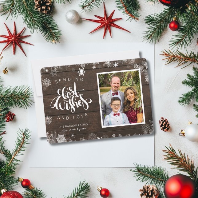 Sending Best Wishes Script Photo Wood Snowflake Holiday Card (Creator Uploaded)