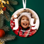 Sending Joy Snowflake Personalised Photo Christmas Ornament<br><div class="desc">Spread Christmas cheer this holiday season with a keepsake gift family photo ornament. Perfect gift for friends and family. Your custom photo puts the o in JOY. Personalise the white overlay letters with your holiday greeting and last name. Double sided with plaid on the back and room to add the...</div>