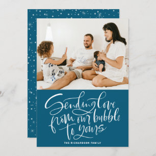 Sending Love from Our Bubble to Yours Blue Photo Holiday Card
