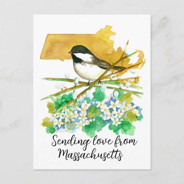 Sending Love Massachusetts Chickadee Mayflower Postcard (Front)