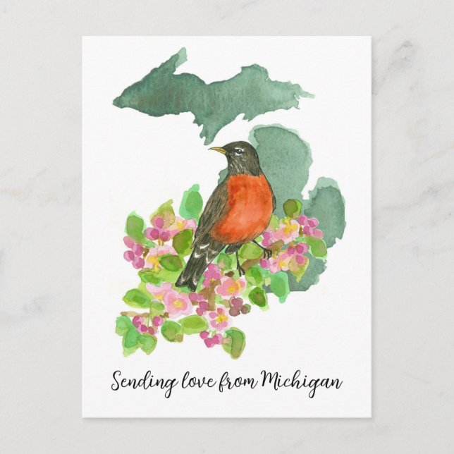 Sending Love Michigan American Robin Flowers Postcard (Front)