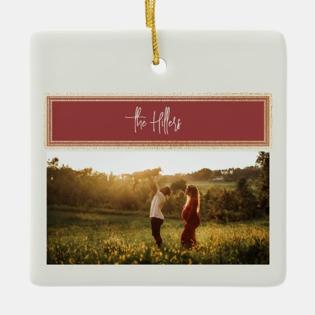 Sending Love Red and Gold Photo Collage Family Ceramic Ornament (Front)