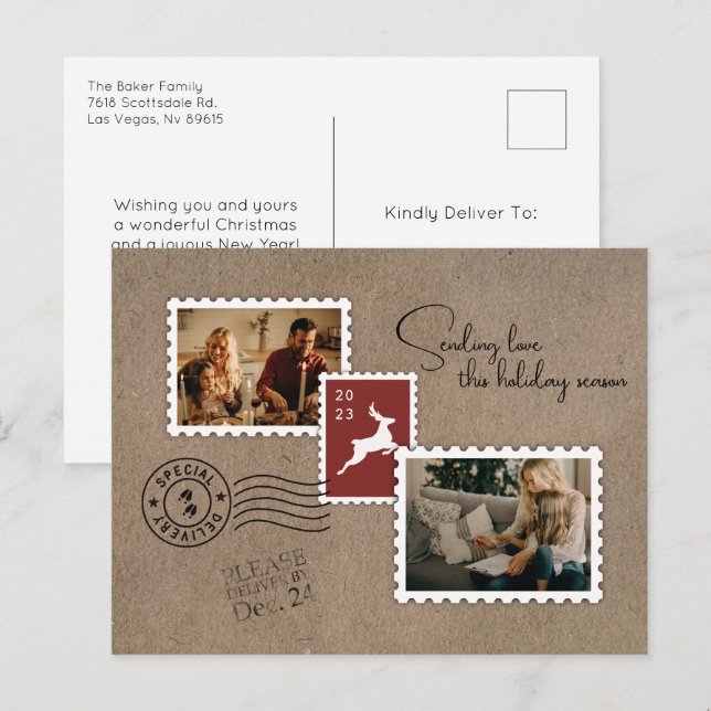 Sending Love Two Photo Holiday Postcard (Front/Back)