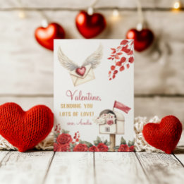 Sending Love Winged Envelope and Roses Valentine  Card