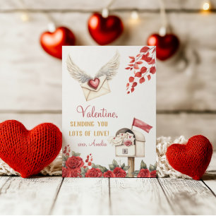 Sending Love Winged Envelope and Roses Valentine Card