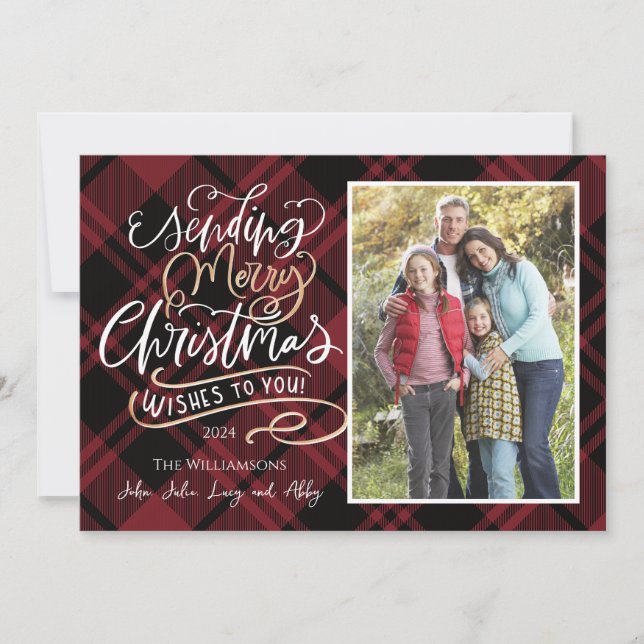 Sending Wishes Plaid Christmas Photo Card (Front)