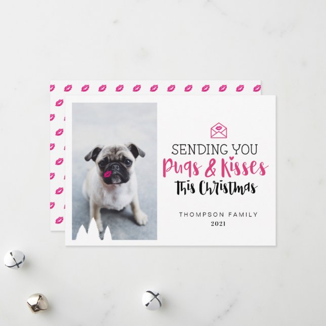 Sending You Pugs & Kisses Cute Pug Dog & kisses Holiday Card (Front/Back In Situ)