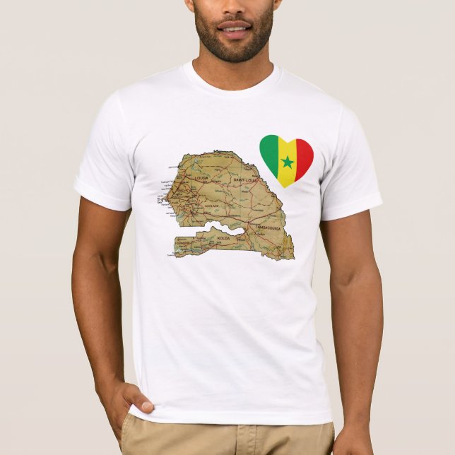 Senegal Flag Heart and Map T-Shirt (Front)