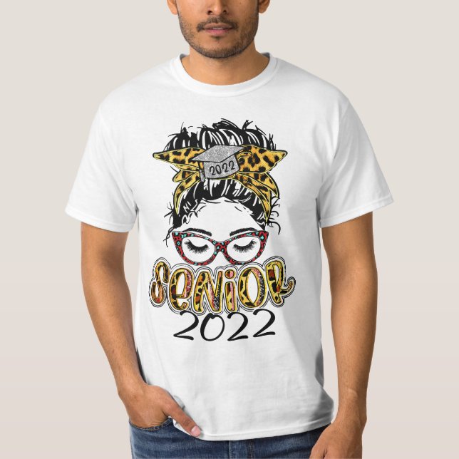 Senior 2022 Leopard Messy Bun Lady 2022 Graduation T-Shirt (Front)