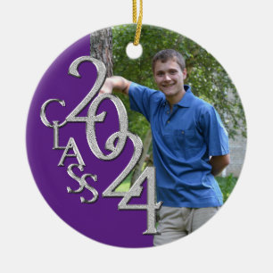 Senior 2024 Purple and Silver Graduate Photo Ceramic Tree Decoration