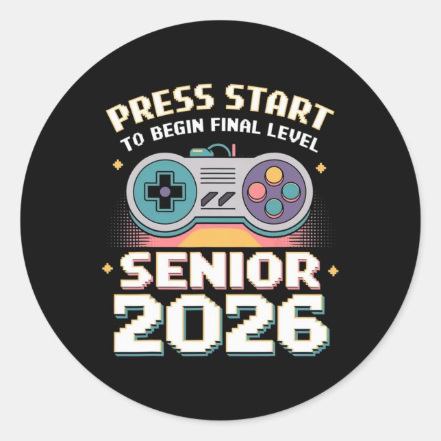 Senior 2026 Gamer Mode On Press Start Final Level  Classic Round Sticker (Front)