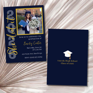 Senior 2026 Graduation Photo Invitation Navy Gold