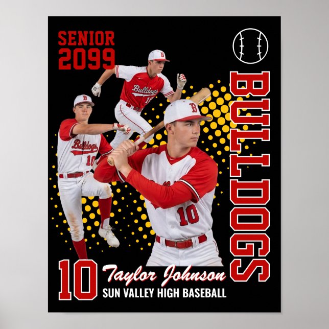 Senior Baseball Player Custom Photo Collage Red Poster (Front)