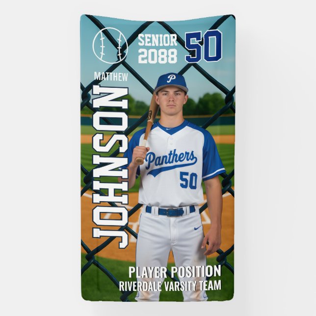Senior Baseball Team Player Customize Sports Photo Banner (Vertical)