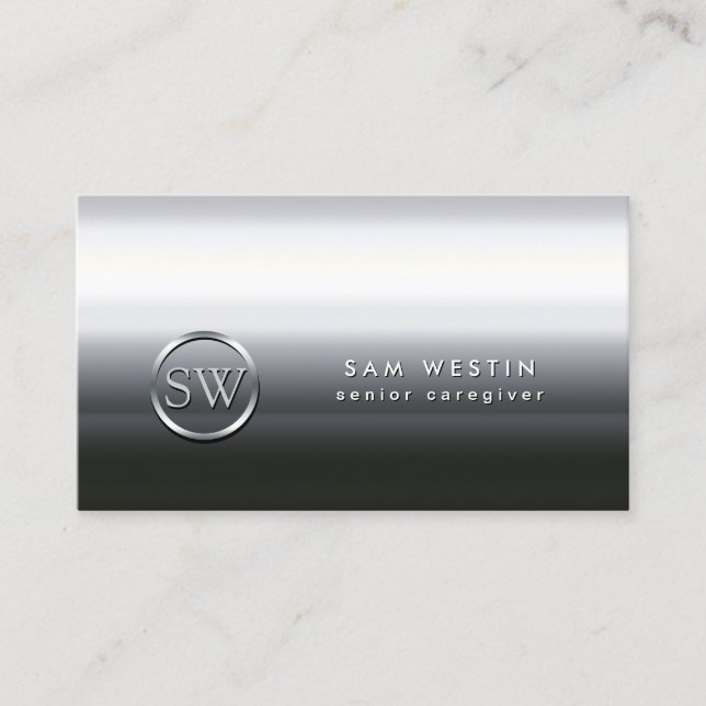Senior Caregiver Chrome Monogram Business Card (Front)