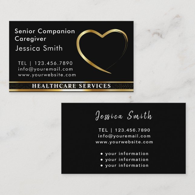 Senior Caregiver Golden Heart Design Business Card (Front/Back)