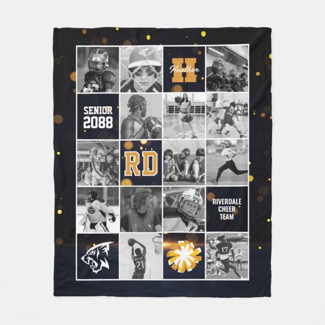 Senior Cheer Team Custom Photo Black Gold Fleece Blanket (Front)
