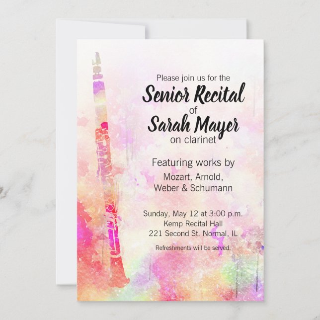 Senior Clarinet Recital Colourful Watercolor Desig Invitation (Front)