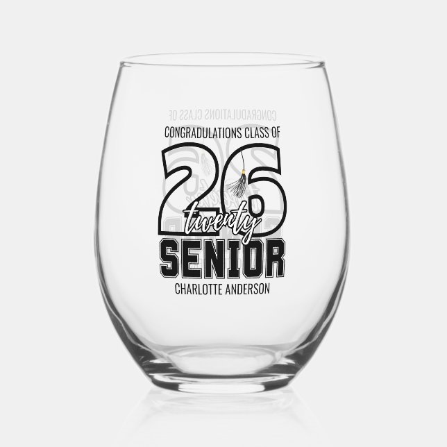 Senior Class of 2026 Graduation Tassel  Stemless Wine Glass (Front)