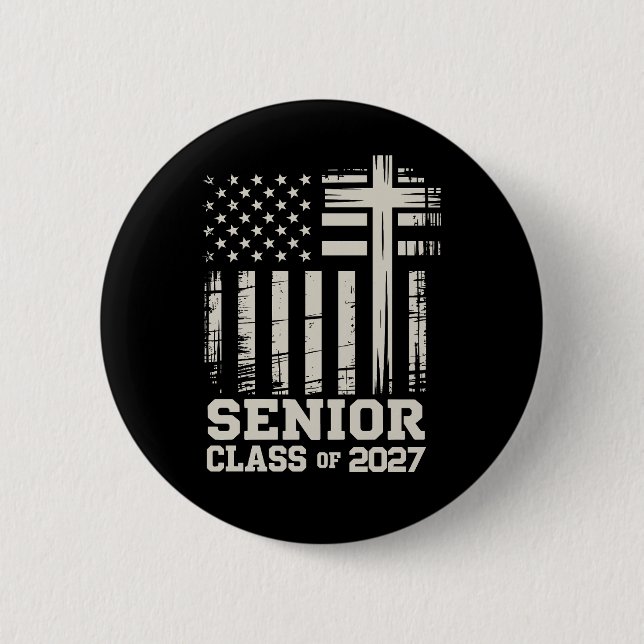 Senior Class Of 2027 USA Flag Cross Christian Grad 6 Cm Round Badge (Front)
