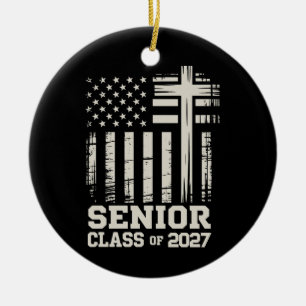 Senior Class Of 2027 USA Flag Cross Christian Grad Ceramic Tree Decoration