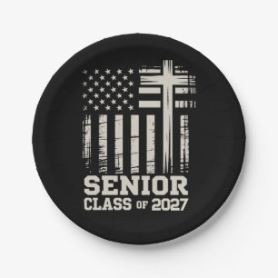 Senior Class Of 2027 USA Flag Cross Christian Grad Paper Plate