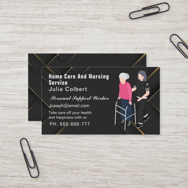 Senior Companion or Elderly Caregiver black & gold Business Card (Front/Back In Situ)
