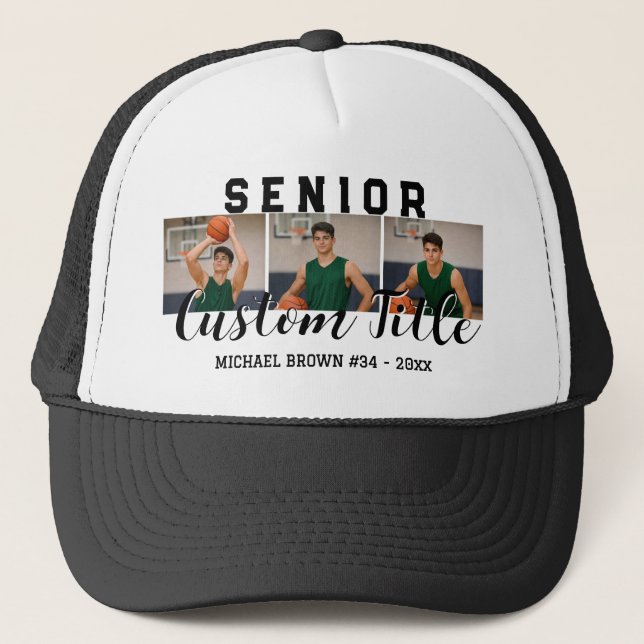 Senior Custom Text Any Name 3 Photo Collage Trucker Hat (Front)