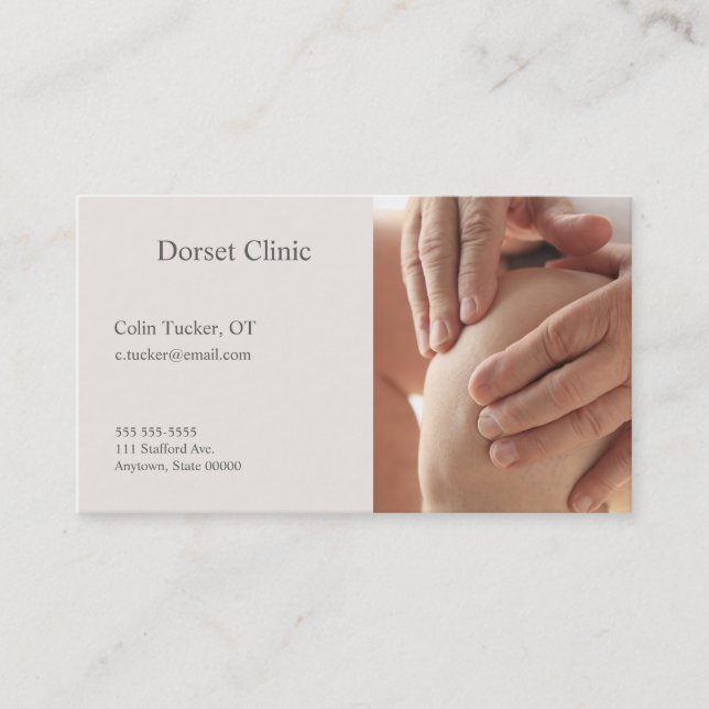Senior has hands on his aching knee business card (Front)