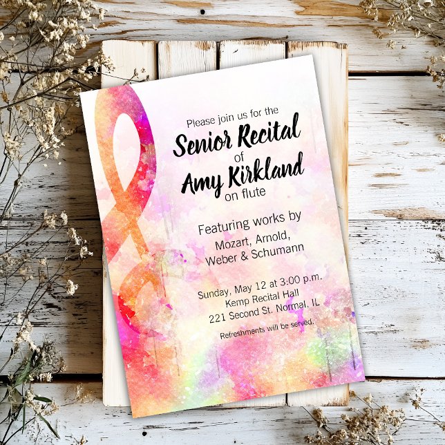 Senior Recital Watercolor Treble Clef Invitation (Pink watercolor abstract treble clef themed music recital invitation - customizable.)