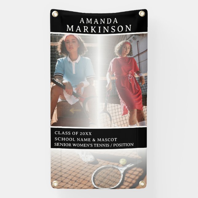 Senior Sport Tennis Player Black Outdoor Banner (Vertical)