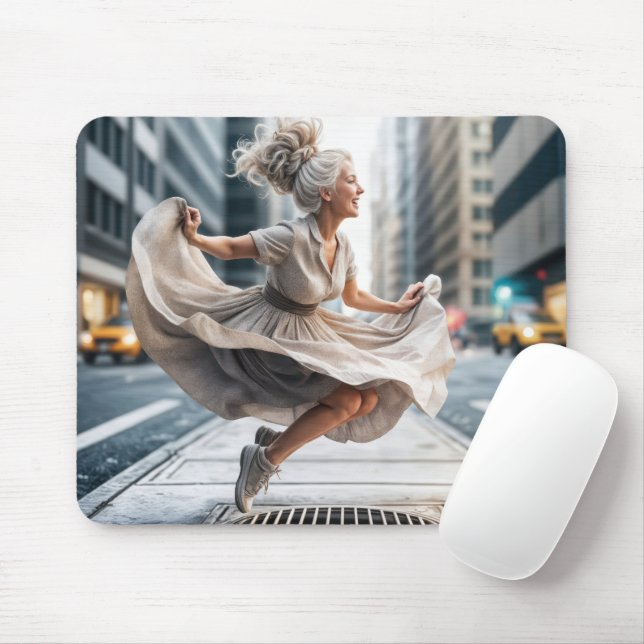 Senior Woman Jumping On Street Vent Mouse Mat (With Mouse)