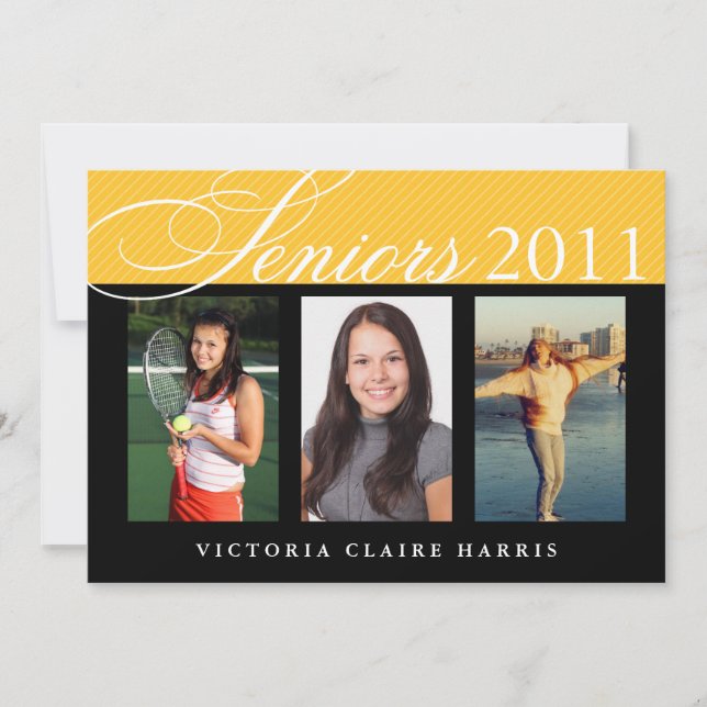 Seniors celebrate gold black 3 photos graduation invitation (Front)
