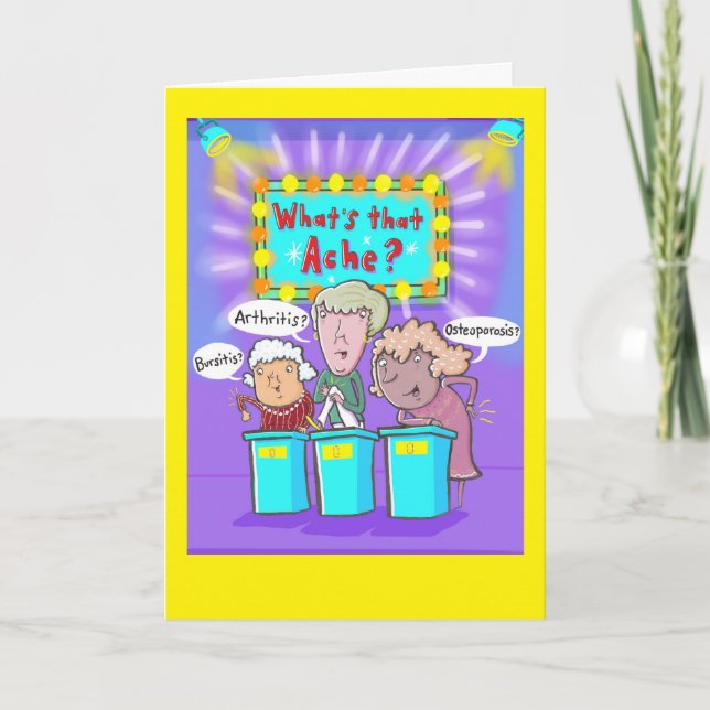 Seniors on a "What's the Ache" game show. Card (Front)