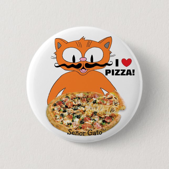 Señor Gato Cartoon Moustache Cat I Love Pizza! 6 Cm Round Badge (Front)