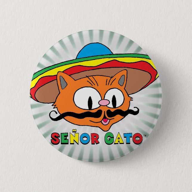 Señor Gato (Cartoon Moustache Cat) with Sombrero 6 Cm Round Badge (Front)