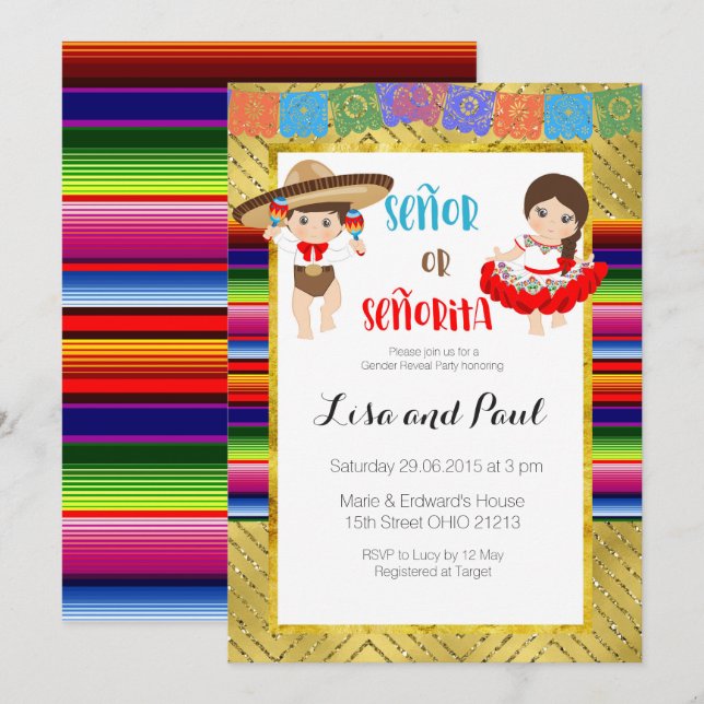 Señor Or Señorita Gender reveal invitation Fiesta (Front/Back)