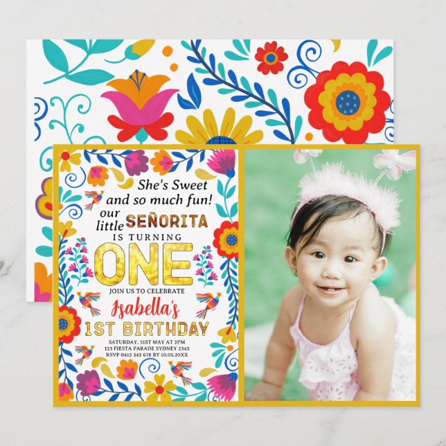 señorita 1st birthday, Mexican floral folk art  Invitation (Front/Back)