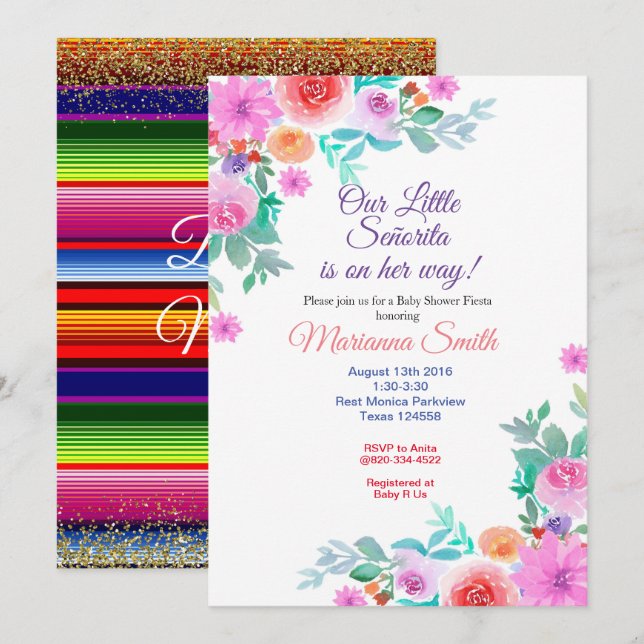 Senorita Floral Fiesta Baby Shower Gold Girl Invitation (Front/Back)