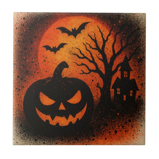 Sensational Spray Art Pumpkin Halloween Tile (Front)