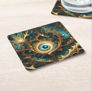 Sense Of Sight Teal And Gold Fractal Abstract Art, Square Paper Coaster