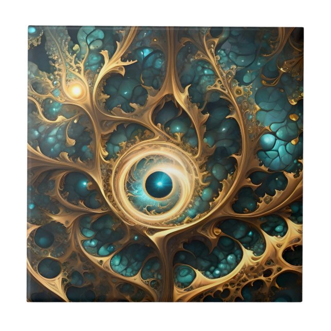 Sense Of Sight Teal And Gold Fractal Abstract Art, Tile (Front)