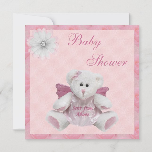 Sent From Above Angel Teddy Pink Baby Shower Invitation (Front)