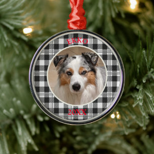 Sentimental Dog Portrait Buffalo Plaid Design Metal Tree Decoration