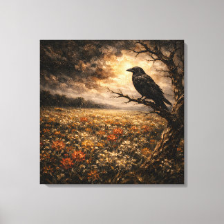 Sentinel of the Meadow: Stormy Raven & Wildflowers Canvas Print