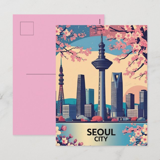 Seoul City  Modern Skyline Retro Art South Korea Holiday Postcard (Front/Back)