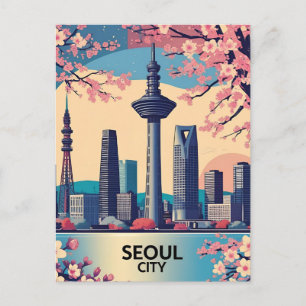 Seoul City Modern Skyline Retro Art South Korea Holiday Postcard